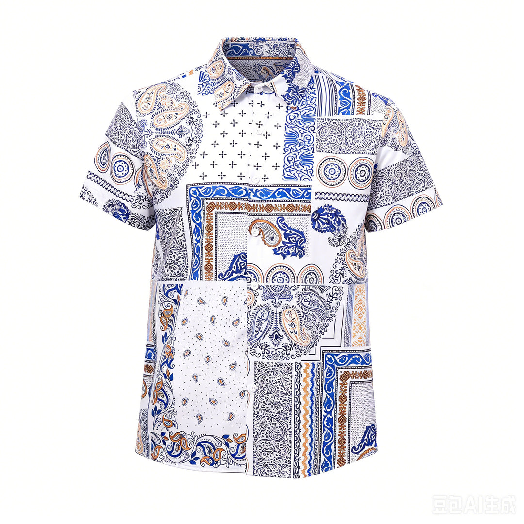 Chemise à imprimé patchwork géométrique et cachemire bleu et orange - image 8