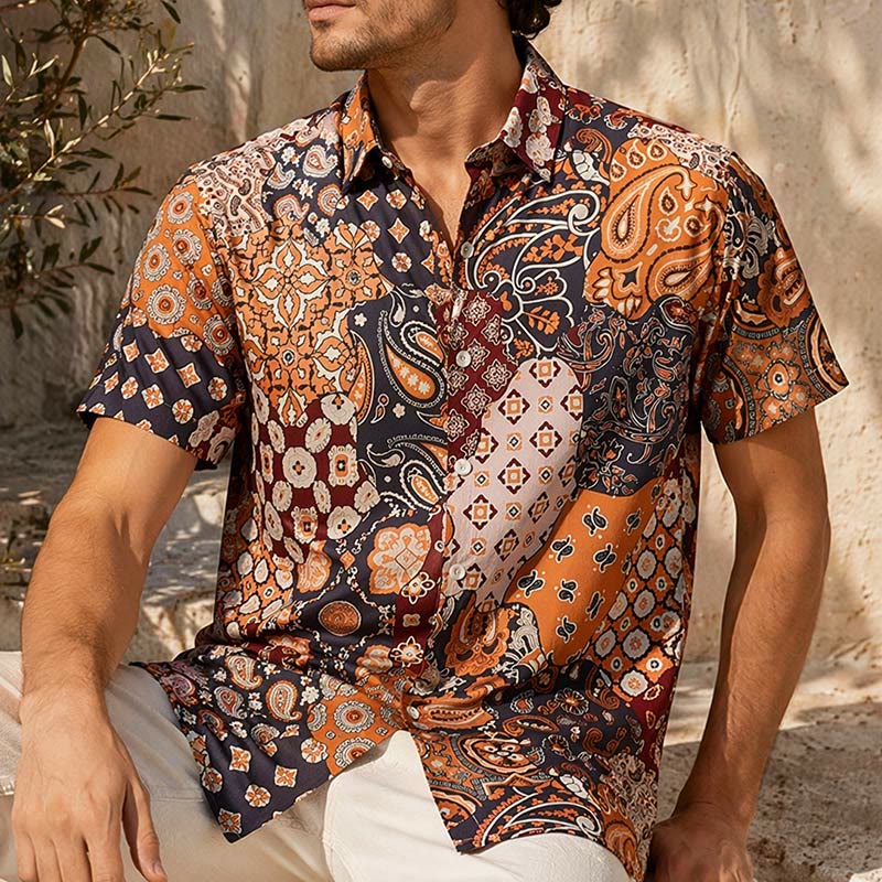 Chemise décontractée à imprimé cachemire patchwork marron foncé - Brun foncé - 5XL - image 0