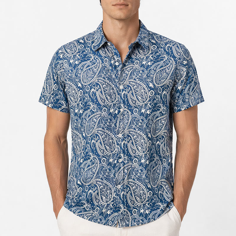 Chemise à manches courtes décontractée à imprimé cachemire bleu marine et beige - image 1