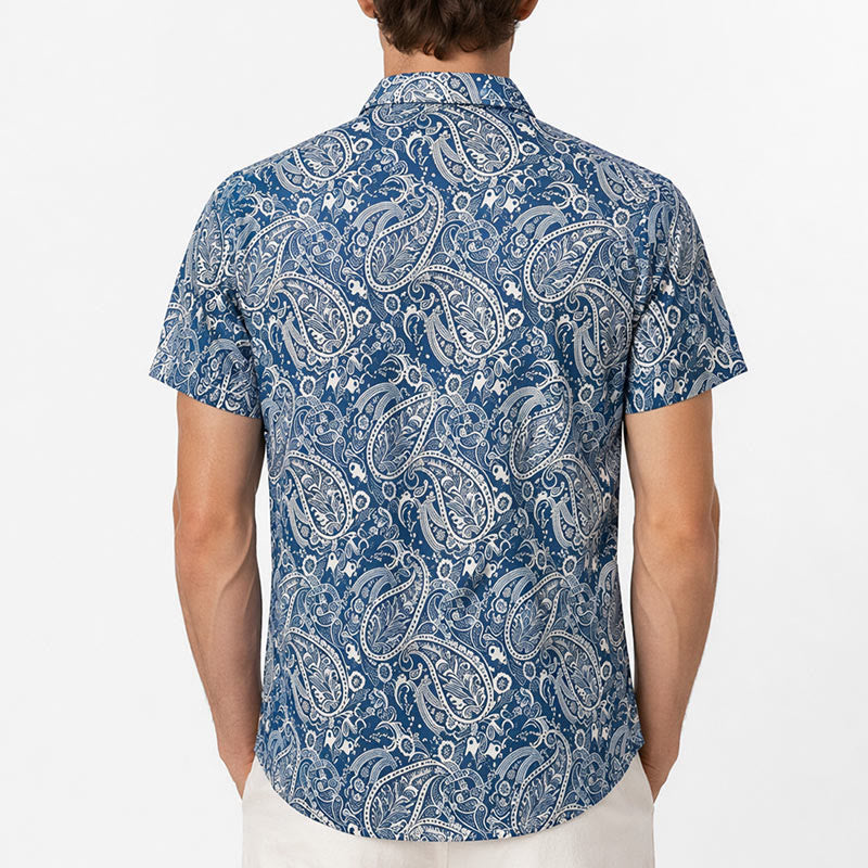 Chemise à manches courtes décontractée à imprimé cachemire bleu marine et beige - image 3
