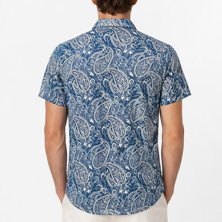 Chemise à manches courtes décontractée à imprimé cachemire bleu marine et beige - image 3