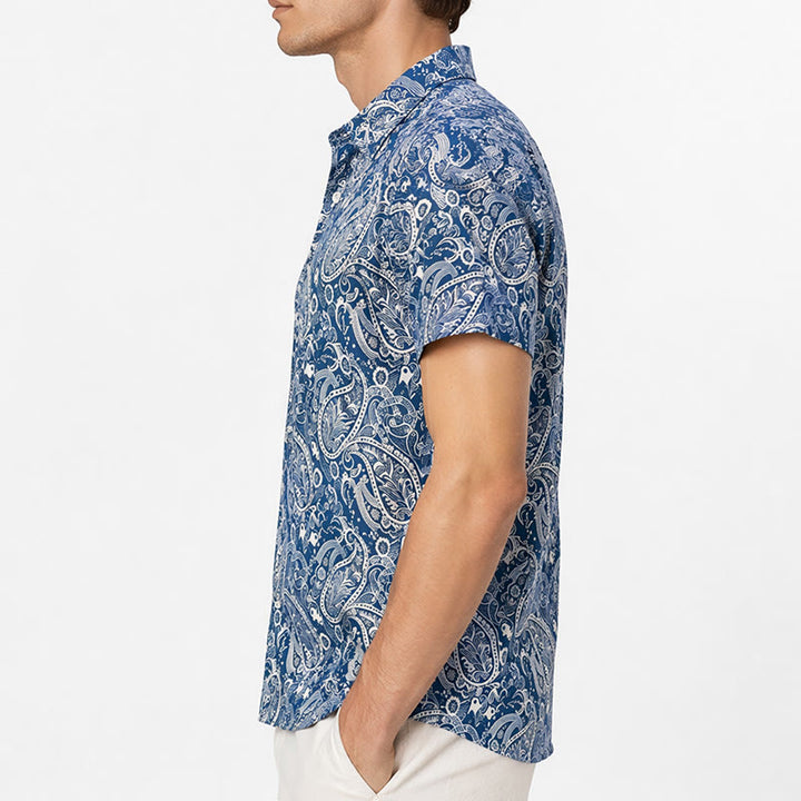 Chemise à manches courtes décontractée à imprimé cachemire bleu marine et beige - image 2