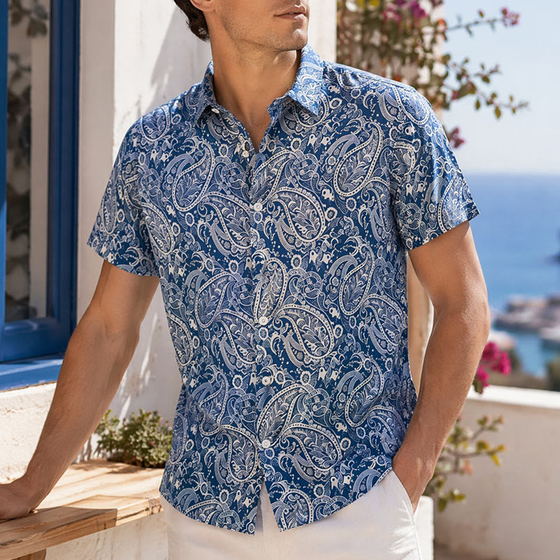 Chemise à manches courtes décontractée à imprimé cachemire bleu marine et beige - Bleu marine et beige - 5XL - image 0