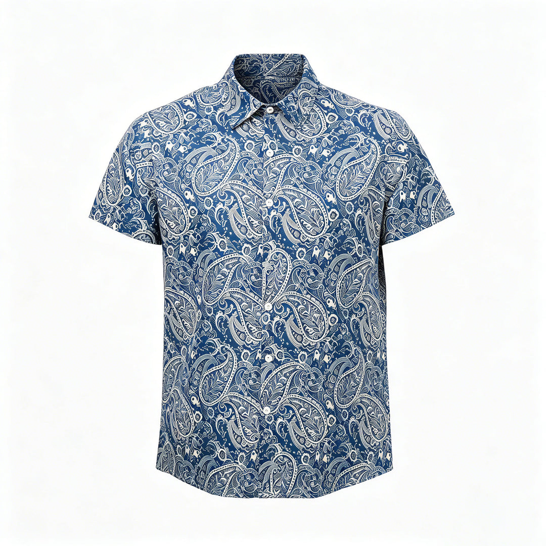 Chemise à manches courtes décontractée à imprimé cachemire bleu marine et beige - image 8