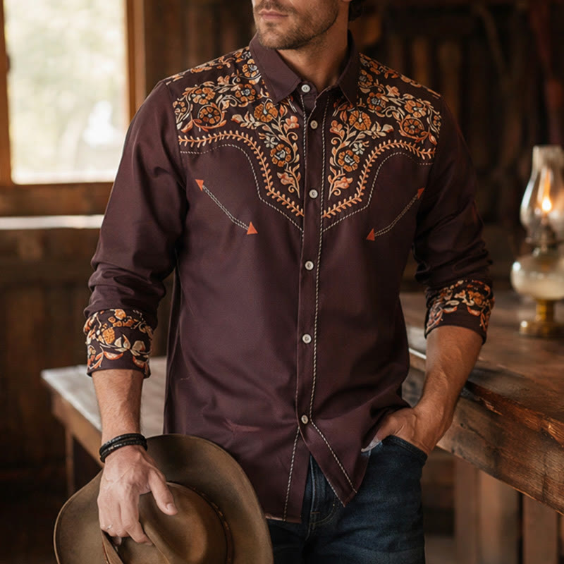 Chemise habillée homme à empiècement western et imprimé floral marron - Brun - 6XL - image 0