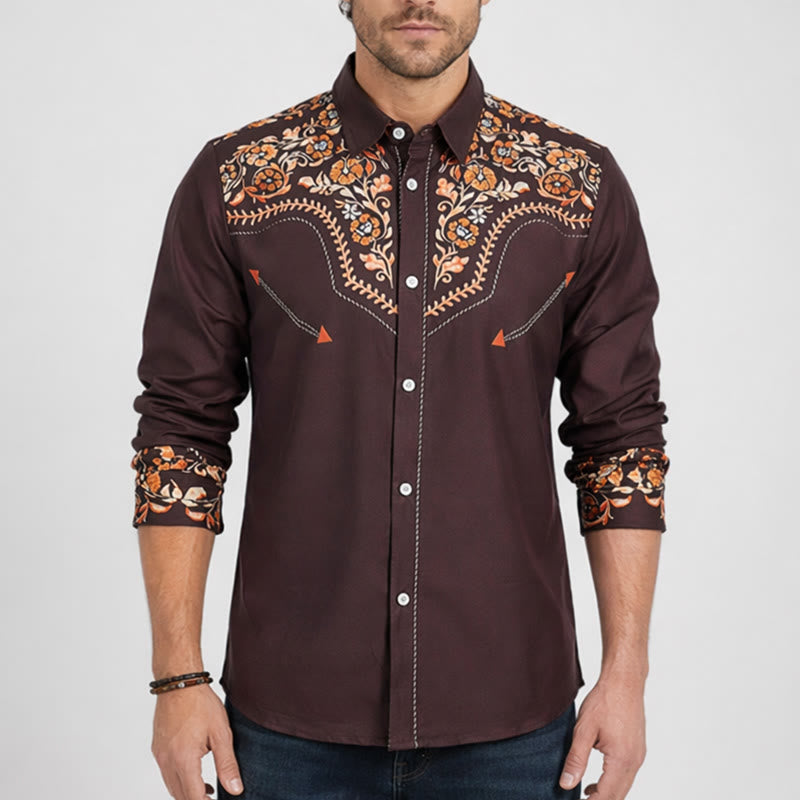 Chemise habillée homme à empiècement western et imprimé floral marron - image 1