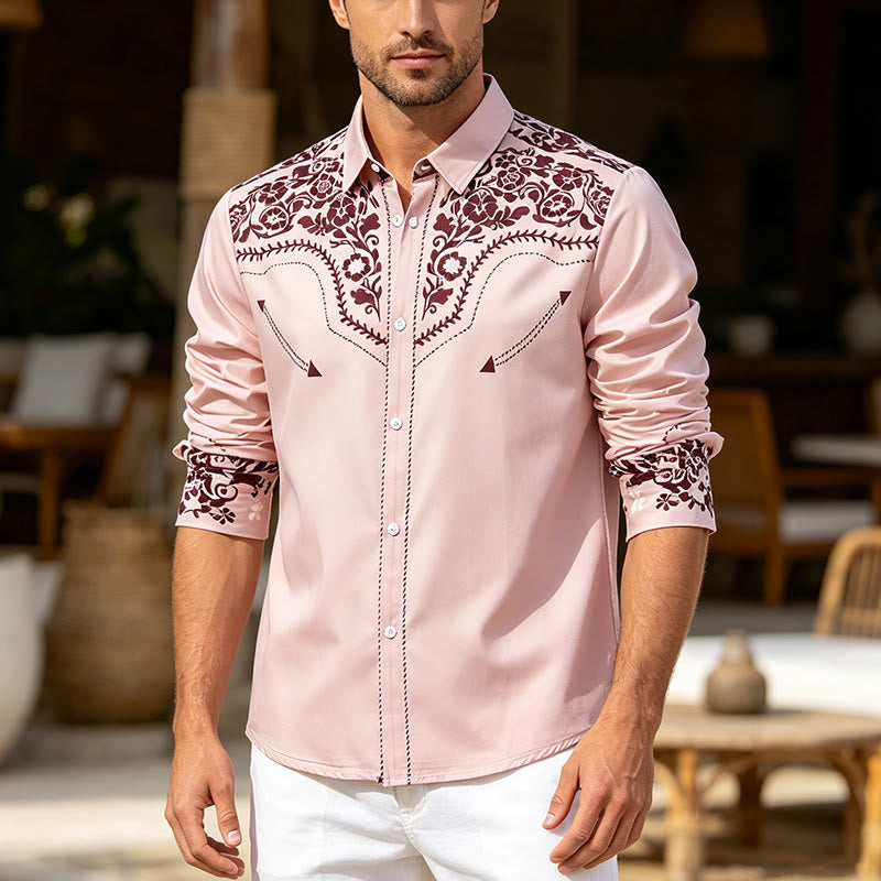 Chemise habillée pour homme, style campagne, à imprimé floral beige et marron - Beige - 6XL - image 0