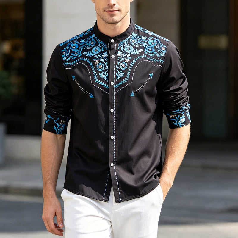 Chemise habillée western pour homme, à imprimé floral noir et bleu - Noir et bleu - 6XL - image 0
