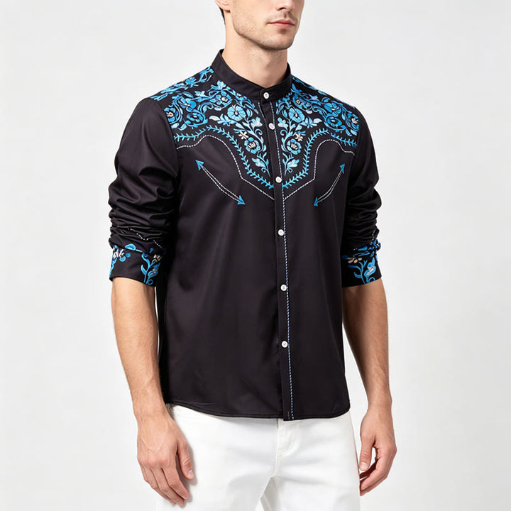Chemise habillée western pour homme, à imprimé floral noir et bleu - image 2
