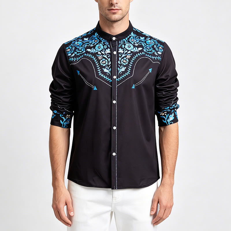 Chemise habillée western pour homme, à imprimé floral noir et bleu - image 1