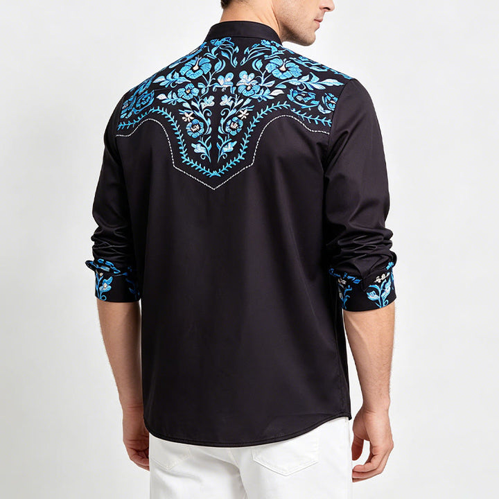 Chemise habillée western pour homme, à imprimé floral noir et bleu - image 3