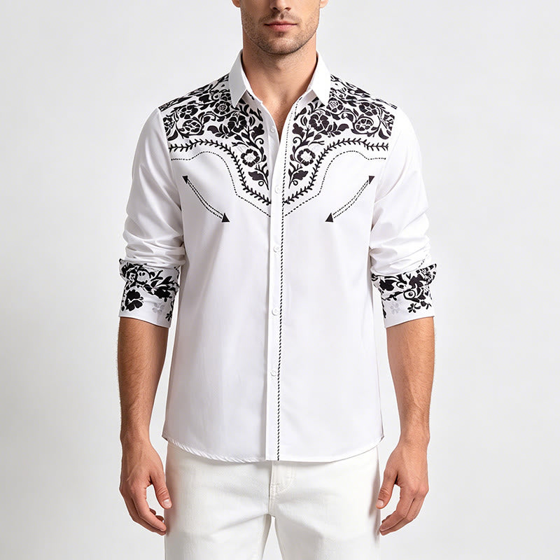 Chemise habillée western élégante pour homme, à imprimé floral blanc et noir - image 1