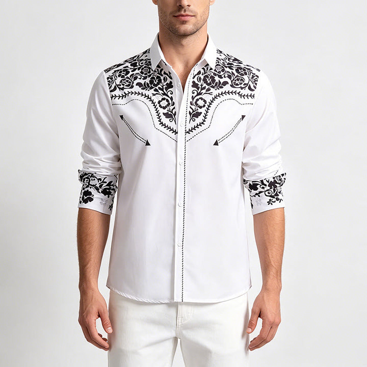 Chemise habillée western élégante pour homme, à imprimé floral blanc et noir - image 1