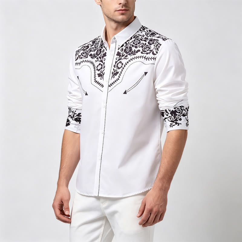 Chemise habillée western élégante pour homme, à imprimé floral blanc et noir - image 2