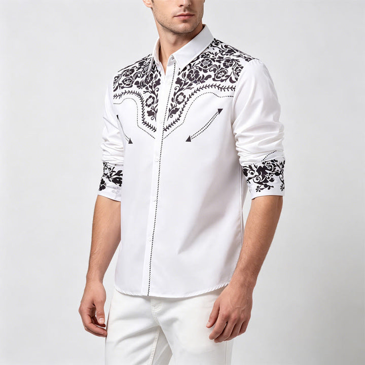 Chemise habillée western élégante pour homme, à imprimé floral blanc et noir - image 2