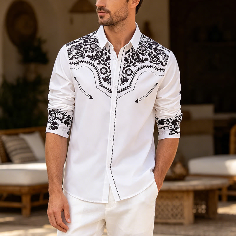 Chemise habillée western élégante pour homme, à imprimé floral blanc et noir - Blanc - 6XL - image 0