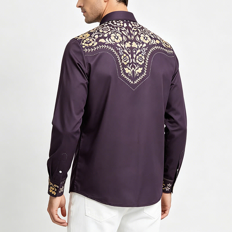 Chemise habillée pour homme, style rodéo traditionnel, à imprimé floral noir et or - image 3