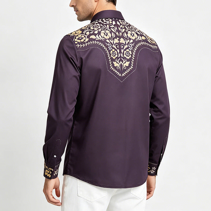 Chemise habillée pour homme, style rodéo traditionnel, à imprimé floral noir et or - image 3