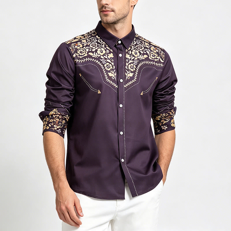Chemise habillée pour homme, style rodéo traditionnel, à imprimé floral noir et or - image 1