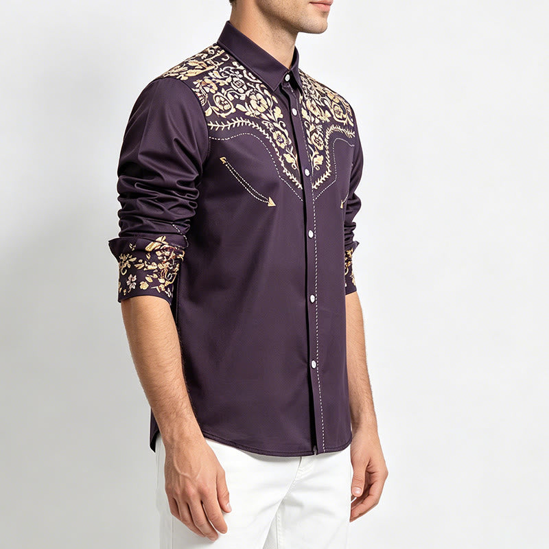 Chemise habillée pour homme, style rodéo traditionnel, à imprimé floral noir et or - image 2