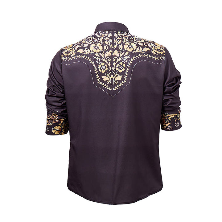 Chemise habillée pour homme, style rodéo traditionnel, à imprimé floral noir et or - image 9