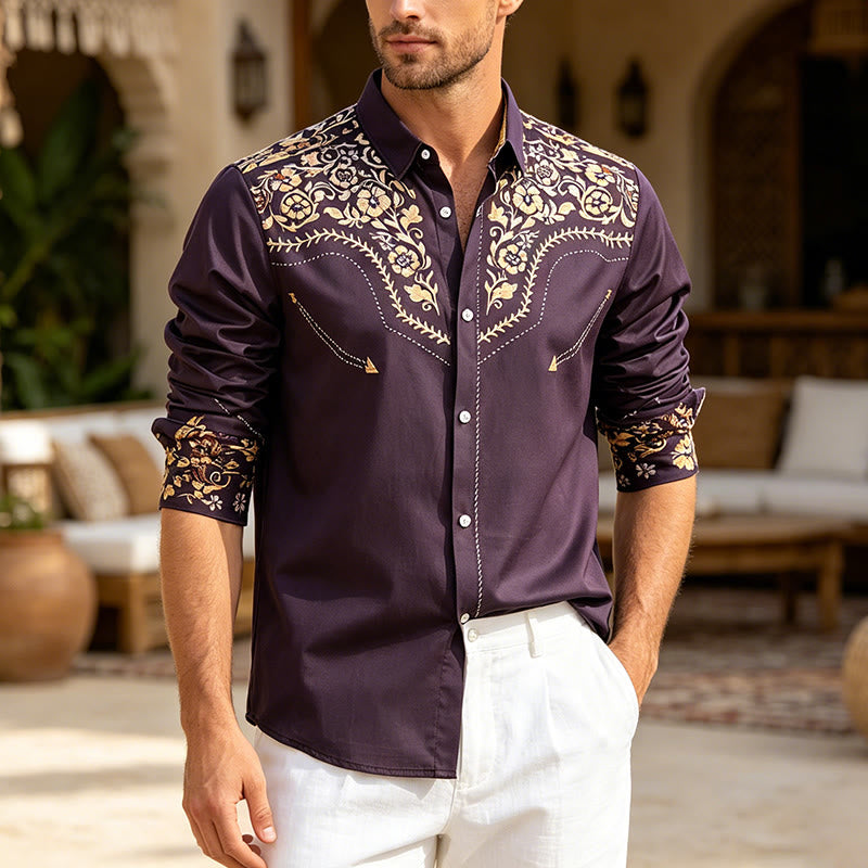 Chemise habillée pour homme, style rodéo traditionnel, à imprimé floral noir et or - Noir et or - 6XL - image 0