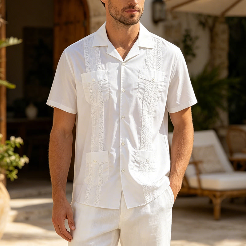 Chemise décontractée brodée d'inspiration cubaine moderne - Blanc - 2XL - image 0