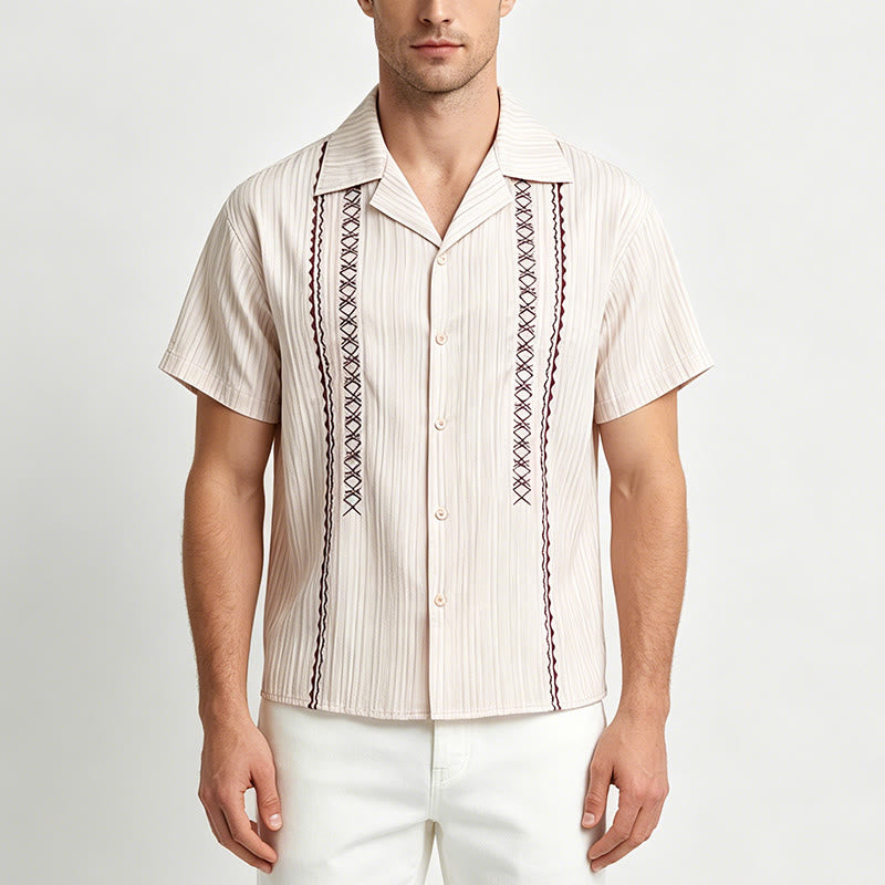 Chemise beige texturée artisanale avec broderie noire - image 1