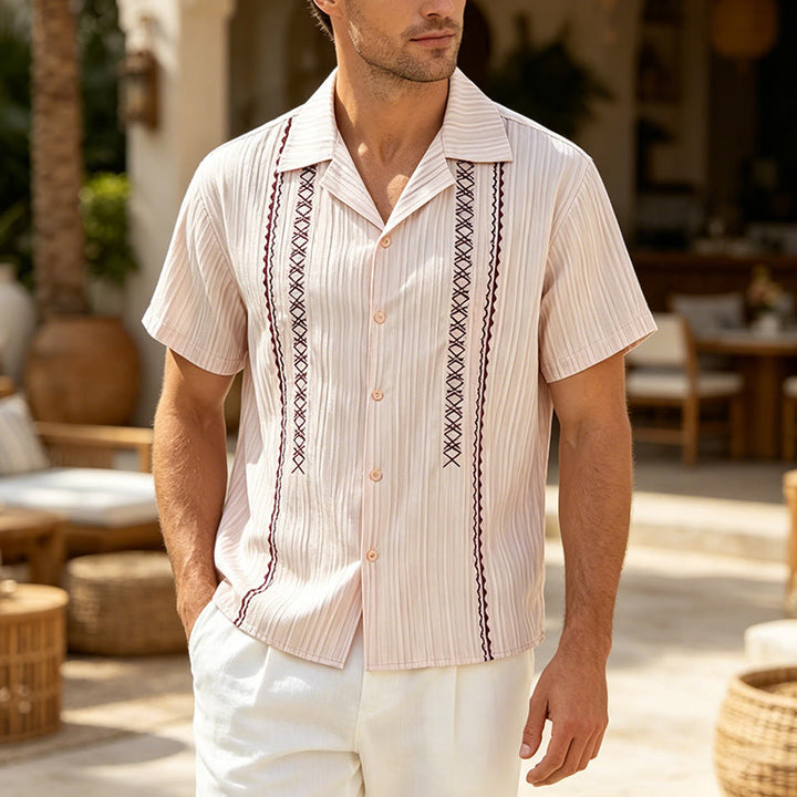 Chemise beige texturée artisanale avec broderie noire - Beige - 3XL - image 0