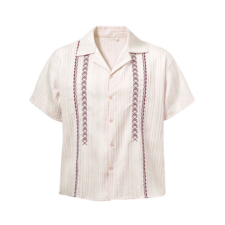 Chemise beige texturée artisanale avec broderie noire - image 9