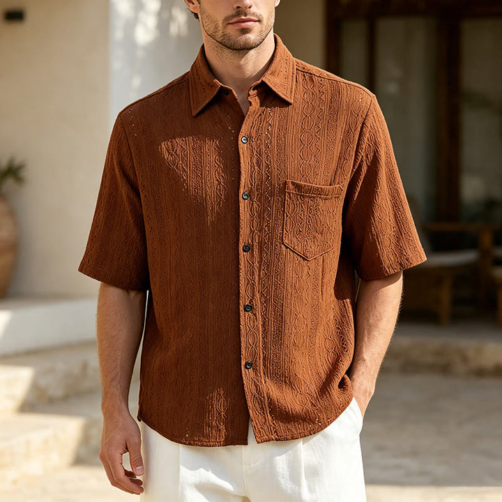 Chemise boutonnée décontractée en maille jacquard rétro - Brun - 2XL - image 0