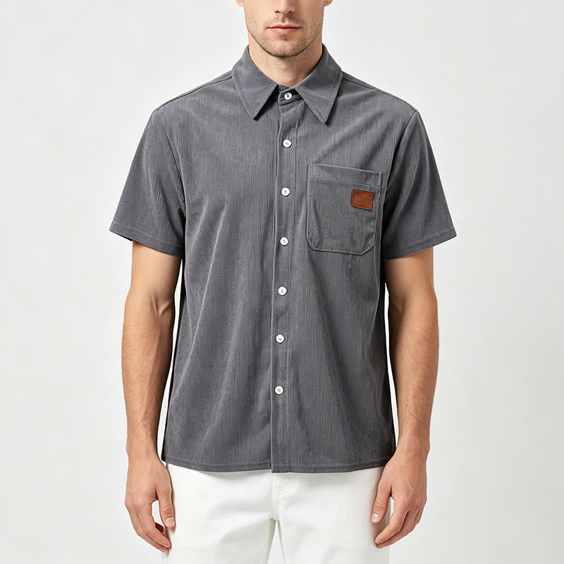 Chemise de travail rétro pour homme en velours côtelé avec poche étiquette en cuir - image 1