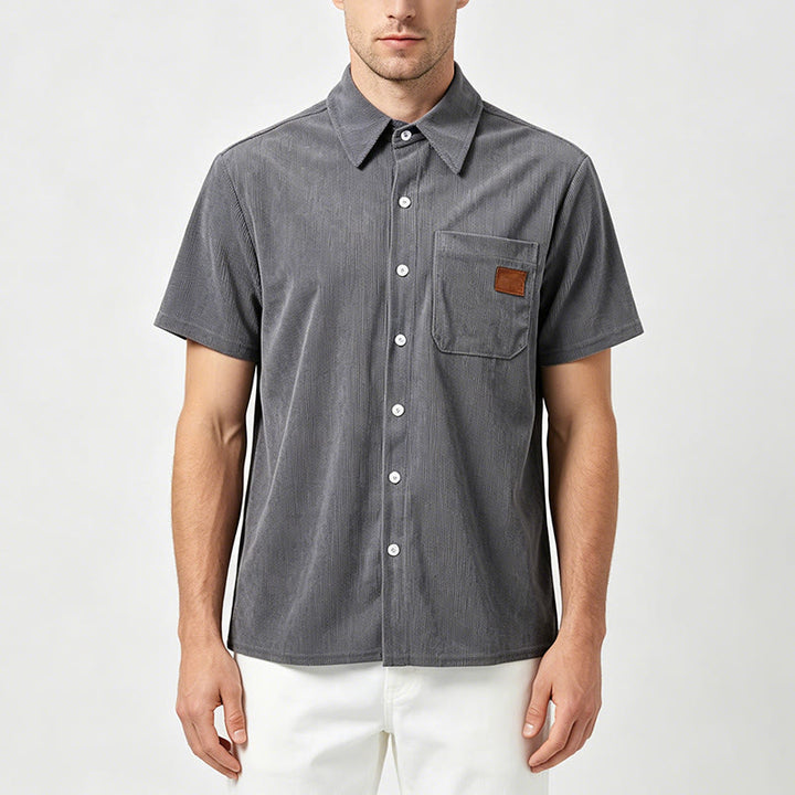 Chemise de travail rétro pour homme en velours côtelé avec poche étiquette en cuir - image 1
