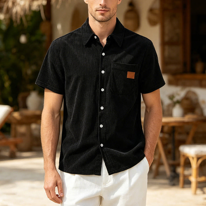 Chemise de travail rétro pour homme en velours côtelé avec poche étiquette en cuir - Noir - 4XL - image 5