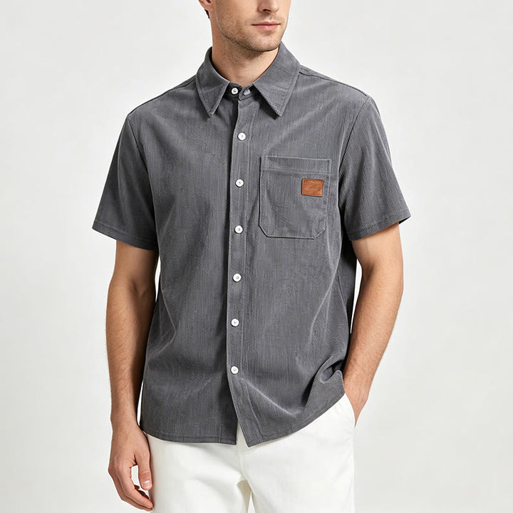 Chemise de travail rétro pour homme en velours côtelé avec poche étiquette en cuir - image 2