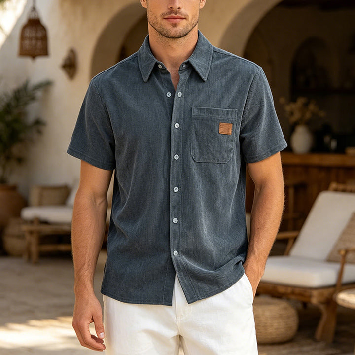 Chemise de travail rétro pour homme en velours côtelé avec poche étiquette en cuir - Marine - 4XL - image 6