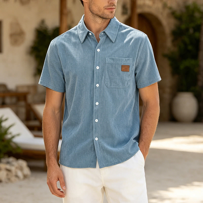 Chemise de travail rétro pour homme en velours côtelé avec poche étiquette en cuir - Bleu clair - 4XL - image 7