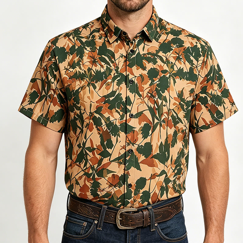 Chemise homme à imprimé botanique vert terre et beige - image 1