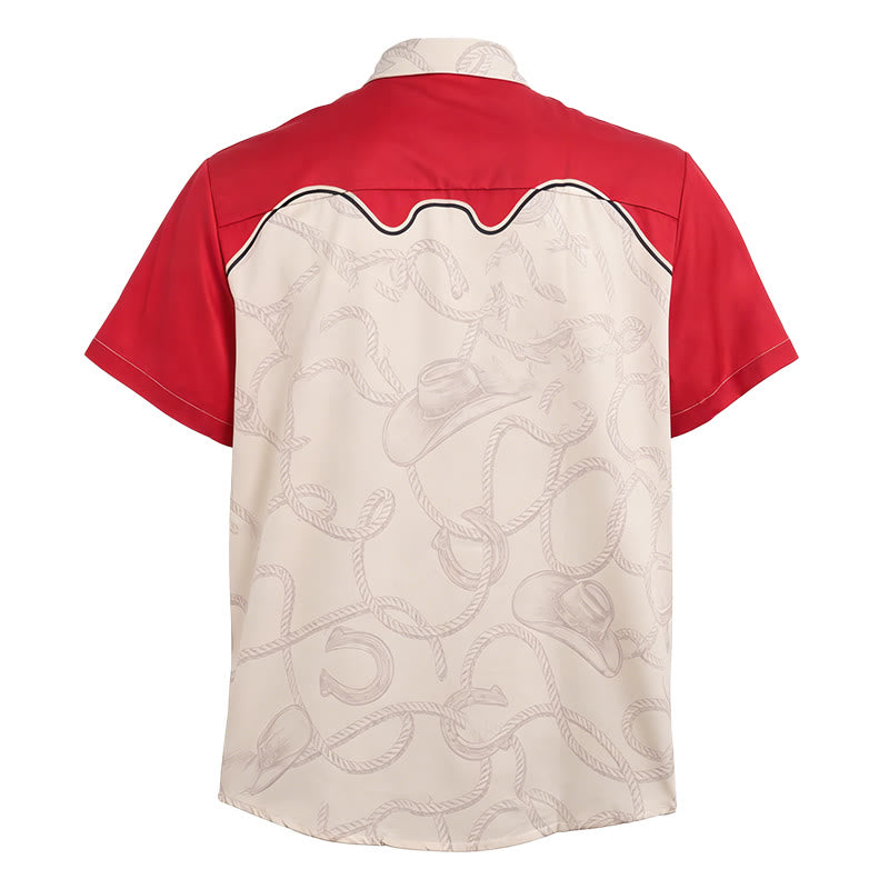 Chemise homme rouge et beige à imprimé chat cowboy, style western. - image 5