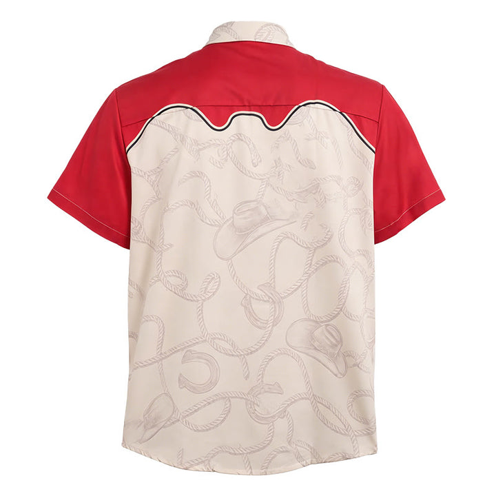 Chemise homme rouge et beige à imprimé chat cowboy, style western. - image 5