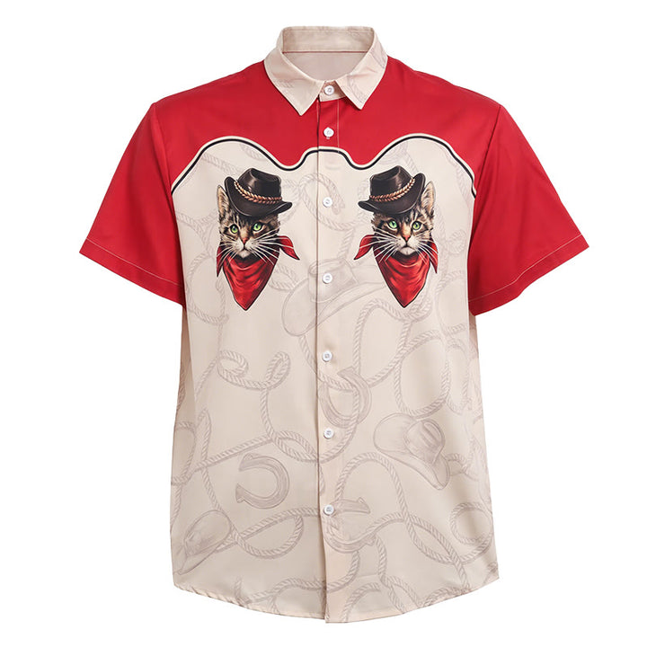 Chemise homme rouge et beige à imprimé chat cowboy, style western. - image 4