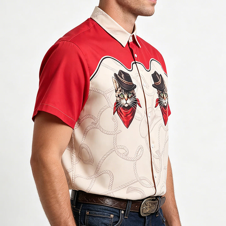 Chemise homme rouge et beige à imprimé chat cowboy, style western. - image 2