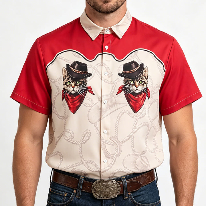Chemise homme rouge et beige à imprimé chat cowboy, style western. - image 1