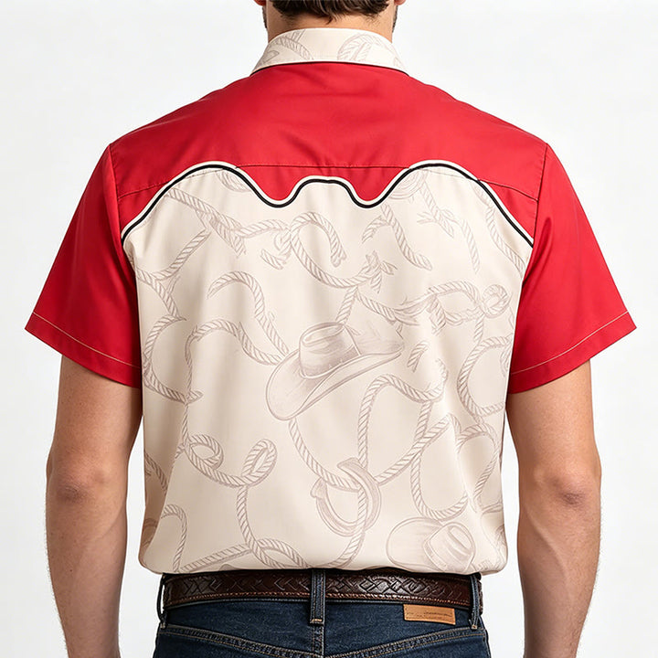 Chemise homme rouge et beige à imprimé chat cowboy, style western. - image 3