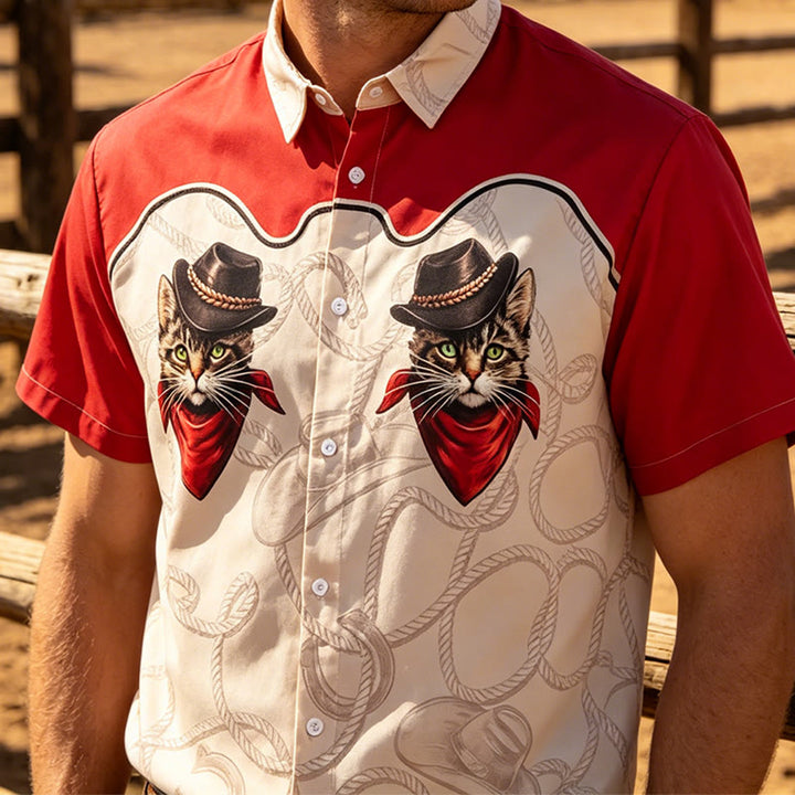 Chemise homme rouge et beige à imprimé chat cowboy, style western. - Rouge et beige - 5XL - image 0