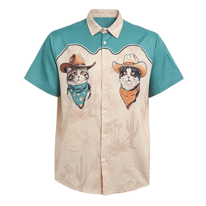 Chemise homme bleu sarcelle et beige à imprimé chat cowboy du désert de l'Ouest - image 4