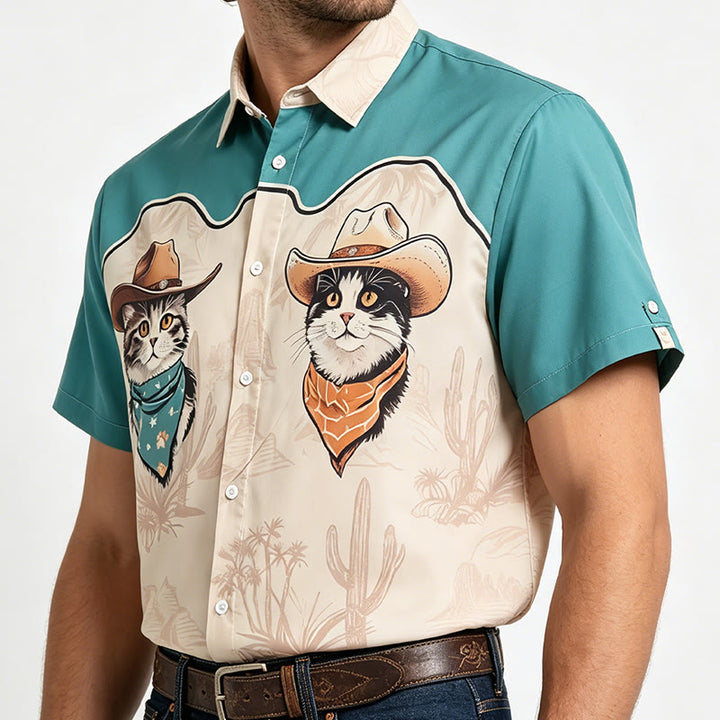 Chemise homme bleu sarcelle et beige à imprimé chat cowboy du désert de l'Ouest - image 2