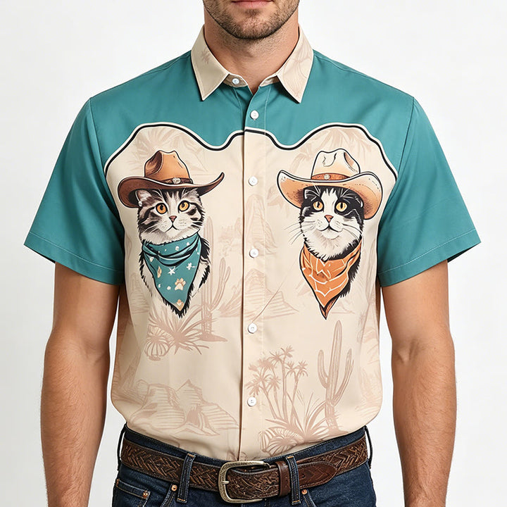 Chemise homme bleu sarcelle et beige à imprimé chat cowboy du désert de l'Ouest - image 1