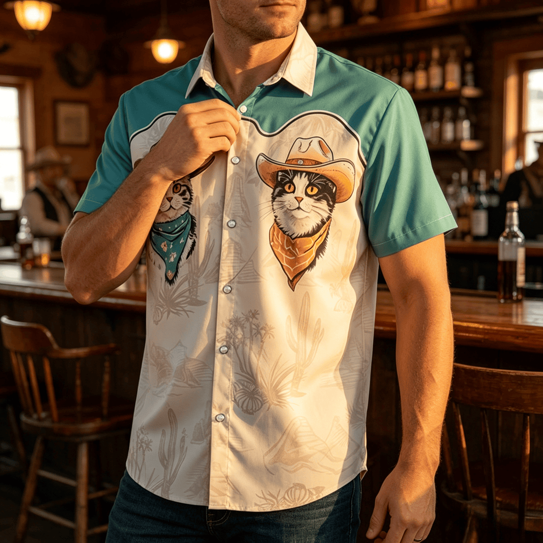 Chemise homme bleu sarcelle et beige à imprimé chat cowboy du désert de l'Ouest - Turquoise et beige - 5XL - image 0