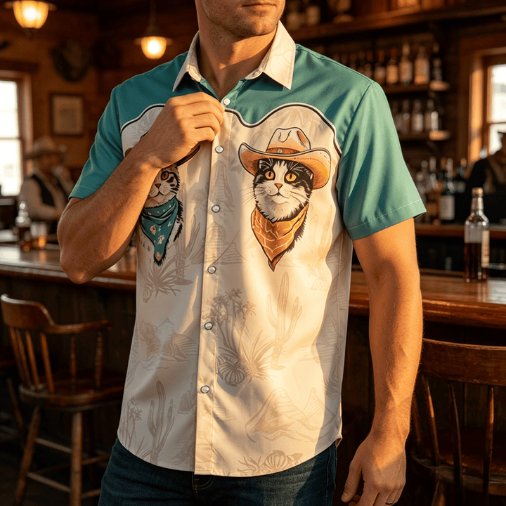 Chemise homme bleu sarcelle et beige à imprimé chat cowboy du désert de l'Ouest - Turquoise et beige - 5XL - image 0